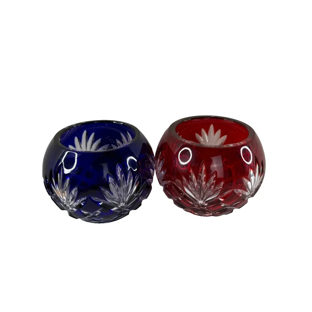 Faberge Crystal Votive Candle Holders Ruby Red Cobalt Blue Cut Clear Signed Pair